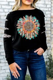 Ripped Sleeve Serape Leopard Sunflower Graphic Sweatshirt (size: (US 16-18)XL)