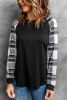 Blank Sweatshirt - Monochrome Plaid Long Sleeves Black Pullover Top Customized