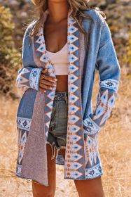 Blue Geometric Print Open Front Knit Cardigan (size: (US 16-18)XL)