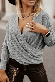 Grey Wrap Deep V-neck Casual Long Sleeve Knit Sweater (size: (US 16-18)XL)