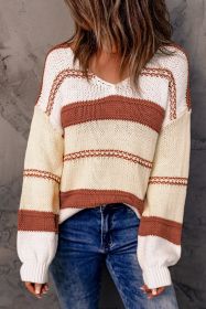 Red Colorblock Casual V Neck Knit Pullover Sweater (size: (US 16-18)XL)