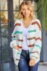 Beige Stripe Pocket Drop Shoulder Cable Knit Cardigan