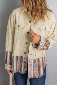 Beige Button Up Pockets Striped Color Block Corduroy Jacket (size: (US 16-18)XL)