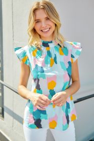 Multicolor Mock Neck Top Ruffle Sleeve Short Sleeve Blouse (size: (US 4-6)S)