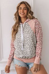 Pink Leopard Casual Rib Knit Long Sleeve Hoodie (size: (US 16-18)XL)