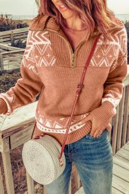 Pink Casual Geometric Knit Quarter Zip Sweater (size: (US 16-18)XL)