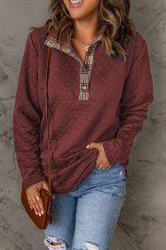 Red Plaid Geometric Texture Trim Button Neck Sweatshirt (size: （US0-2)XS)