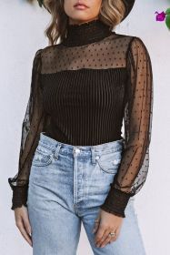 Black Sexy Sheer Dotty Puff Sleeve Ribbed Velvet Bodysuit (size: (US 16-18)XL)