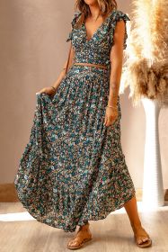 Ditsy Floral Print Ruffled Crop Top & Flounce Hem Maxi Skirt Set (size: (US 16-18)XL)