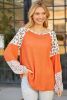 Orange Casual Waffle Leopard Patchwork Sleeve Knit Top