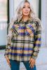 Blue Button Up Flannel Shacket with Flap Pocket