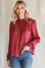 Red Solid Color Round Neck Pullover Long Sleeve Blouse