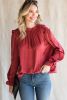 Red Solid Color Round Neck Pullover Long Sleeve Blouse