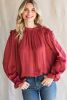 Red Solid Color Round Neck Pullover Long Sleeve Blouse
