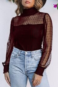Red Sexy Sheer Dotty Puff Sleeve Ribbed Velvet Bodysuit (size: (US 4-6)S)