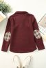Red Plaid Geometric Texture Trim Button Neck Sweatshirt