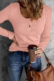 Pink Ribbed Scoop Neck Casual Long Sleeve Henley Shirt for Women (size: (US 16-18)XL)
