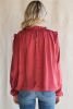 Red Solid Color Round Neck Pullover Long Sleeve Blouse