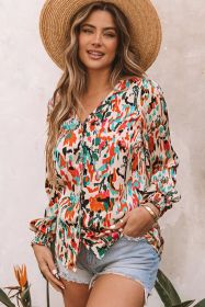 Multicolor Abstract Print Boho V Neck Shirred Cuffs Blouse (size: (US 4-6)S)