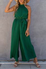 Green Elegant Halter Neck Belted Pleated Wide Leg Jumpsuit (size: (US 16-18)XL)