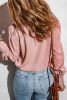 Pink Solid Button Up Pleated Loose Puff Sleeve Shirt
