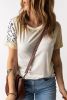 Blank T Shirt - Khaki Bleached Leopard Print Casual Crew Neck T Shirt Customized