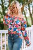 Multicolor Bohemian Floral Print Shirred Ruffle Off Shoulder Blouse