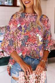 Multicolor Floral Print 3/4 Sleeve Boat Neck Top (size: (US 4-6)S)