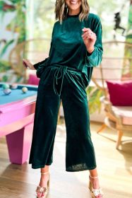 Blackish Green Velvet Long Sleeve Top & Wide Leg Pants Set (size: (US 16-18)XL)