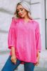 Hot Pink Dot Embossed High Low Hem Button Down Blouse