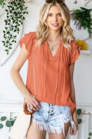 Red V Neck Tiered Ruffle Sleeve Summer Top (size: (US 4-6)S)