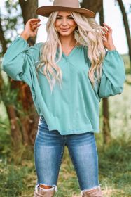 Green Casual Plicated Detail V Neck Blouse (size: (US 16-18)XL)
