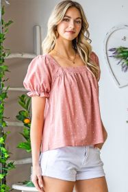 Pink Square Neck Polkadot Linen Puff Sleeve Short Sleeve Top (size: (US 4-6)S)