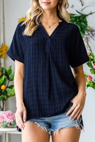 Blue Casual Plaid Print Back Pleated Side Split Blouse (size: (US 16-18)XL)