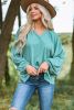 Green Casual Plicated Detail V Neck Blouse