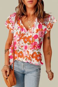Multicolor Floral Print Ruffled Sleeve Split V Neck Peasant Top (size: (US 16-18)XL)