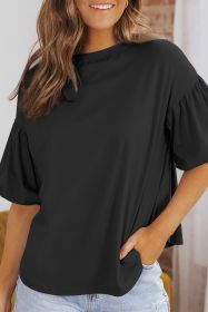 Black Solid Color Basic Bubble Sleeve Plain Blouse (size: (US 4-6)S)