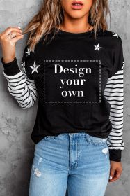 Blank Sweatshirt - Black Striped and Stars Print Long Sleeve T-Shirt Customized (size: (US 4-6)S)