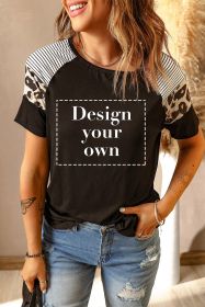 Blank T Shirt - Black Stripes and Leopard Print Short Sleeve Summer Top Customized (size: (US 4-6)S)