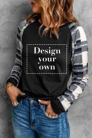 Blank Sweatshirt - Monochrome Plaid Long Sleeves Black Pullover Top Customized (size: (US 16-18)XL)