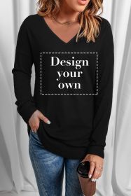 Blank Sweatshirt - Black Casual V Neck Long Sleeve Shirt Customized (size: (US 4-6)S)