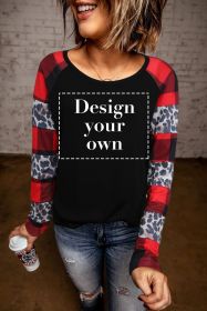 Blank Sweatshirt - Black Plaid Leopard Print Patchwork Long Sleeve Top Customized (size: (US 4-6)S)