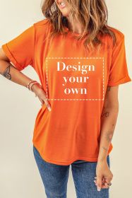 Blank T Shirt - Orange Crewneck Rolled Up Short Sleeve Plain T-Shirt Customized (size: (US 16-18)XL)