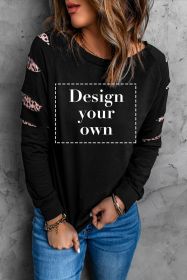 Blank Sweatshirt - Black Leopard Print Distressed Raglan Sleeve Sweatshirt Customized (size: (US 4-6)S)