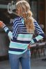 Blue Striped Color Block Drawstring Long Sleeve Hoodie