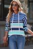 Blue Striped Color Block Drawstring Long Sleeve Hoodie