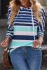 Blue Striped Color Block Drawstring Long Sleeve Hoodie