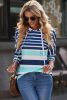 Blue Striped Color Block Drawstring Long Sleeve Hoodie