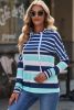 Blue Striped Color Block Drawstring Long Sleeve Hoodie