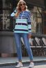 Blue Striped Color Block Drawstring Long Sleeve Hoodie